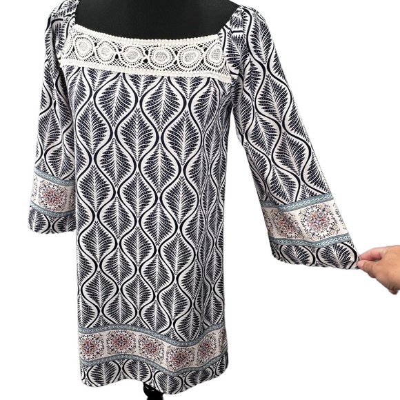 Peppermint Boho Tunic Top size L Blue Cream Lace Trim 3/4 Sleeves Square Neck - Picture 2 of 5